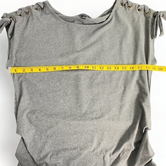 AUW Gray Ruched Waist Lace up Gourmet Shoulder Jersey T-Shirt Top (S) - Picture 6 of 10